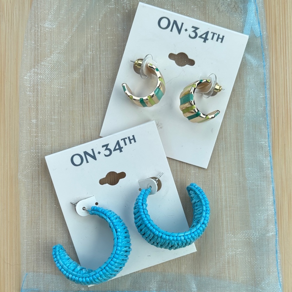 Brand New On 34th Hoop Earrings Blue Straw Beaded & Small Metal Green Striped